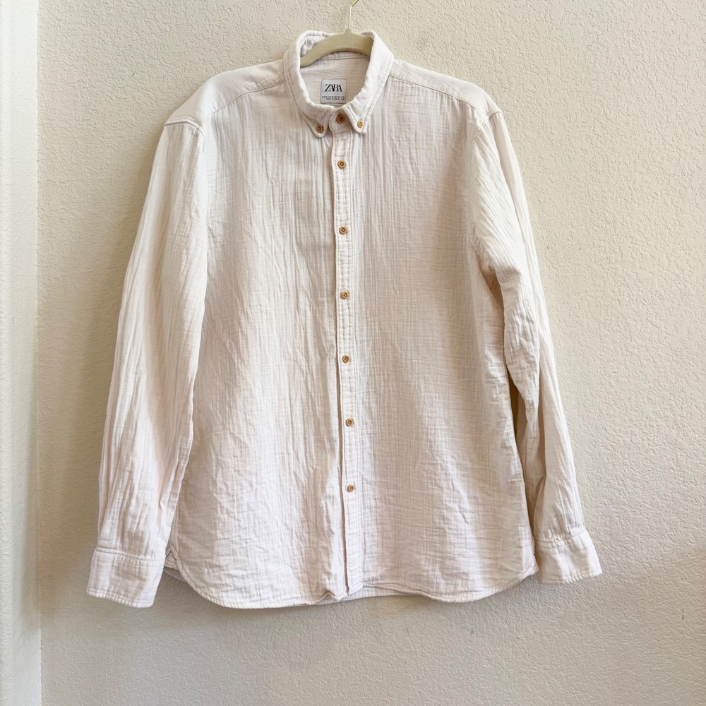 Zara Mens Relaxed Fit Textured Gauze Button Down Shirt Off White XL Long Sleeve